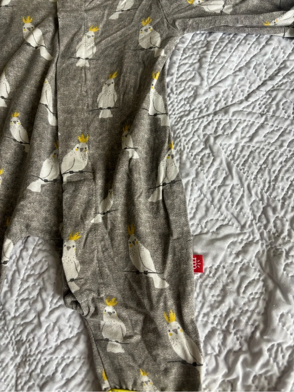 Magnetic Me Gray One-Piece Footie with Yellow Trim and Cockatoo Print